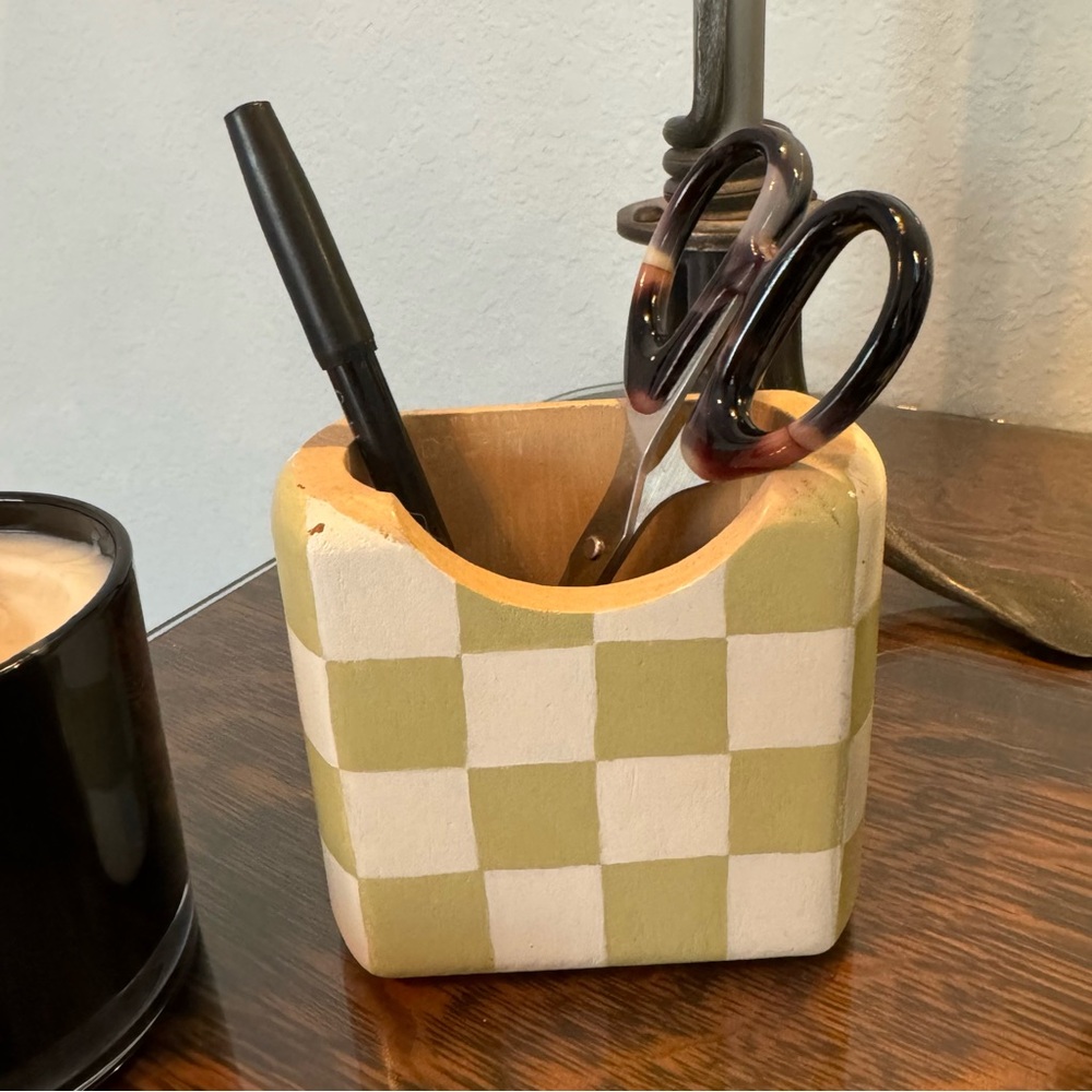 Hand painted checkerboard pencil holder